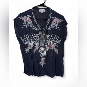 Philosophy Women's Dark Blue Floral & Butterfly Blouse XS Embroidered